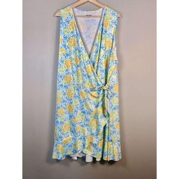 Lands' End Citrus Lemon Lime Women's 3X Ruffle Hem Wrap Sun Dress Swim Coverup - Picture 1 of 15
